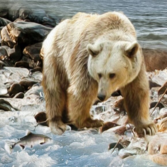 Bear Fishing Ocean Sky Landscape Fantasy Composite Oil Painting Wall Art Print - Picture 5 of 8